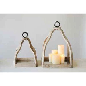 NEW Decorative Wood & Metal Lantern, Light Rustic Distressed Wood- Set of 2 - Picture 1 of 1