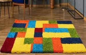 SMALL X LARGE THICK MULTI VIBRANT COLOURED BLOCKS PATCHWORK SQUARES SHAGGY RUG - Picture 1 of 5