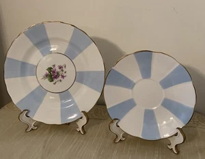 Bone China Dessertteller & Untertasse blau & weiße Streifen mit Veilchen Made in England - Bild 1 von 18