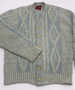 Rare VTG 70s Sears Blue/Ivory Chunky Knit 100% Wool Cardigan Sweater XL USA Made - Picture 1 of 11