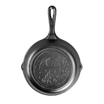Lodge Cast Iron Cooking Skillet Seasoned Tent Scene Imprint 8 in - Image 1 of 3