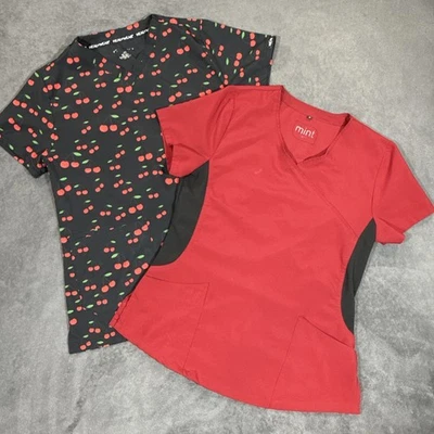 2-Red Mint Heal Wear Cherries Cherry Scrub Top Womens Sz Medium, V-Neck, Pockets - Image 1 of 4