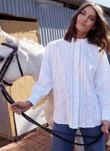 BINNY White Cotton Embroidered Prairie Style Blouse / Button Up Size M 10 - 12 - Picture 1 of 12