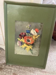 Vintage großes Serviertablett aus Holz grün mit Blumenmalerei - 61 x 43 cm - Bild 1 von 6