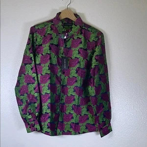 Barry Wang Purple Roses Dark Green Long Sleeve Shirt Men's Floral Top - Picture 1 of 12