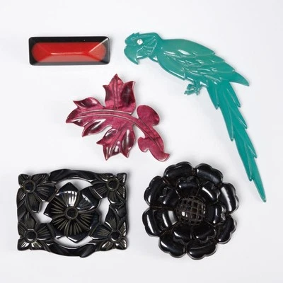 Lote de 5 broches de resina de pájaro loro flor hoja de vino turquesa negro de colección Foto 1 de 4