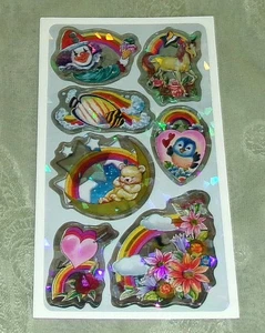 Vintage Twin Seven Prisma holografischer Aufkleberbogen Bär Einhorn Fisch Blumen Clown - Bild 1 von 3