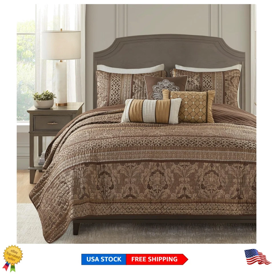 Rich Brown/Gold 6-Piece Damask Quilt Set - King/Cal King Size Luxury Bedding - Image 1 of 4