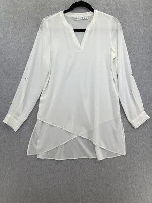 Susan Graver Women's HiLow Vneck Blouse Layered Size 2 White Roll Tab - Image 1 of 4
