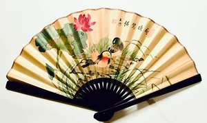 NEW 35" x 20" Oriental Asian Hand Painted Birds and Flower Wall Fan - Picture 1 of 14