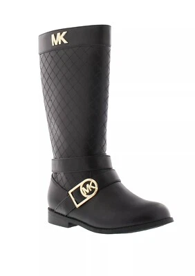 ¡Nuevo! MICHAEL KORS ~Talla 7~ MK Logo Niñas Pequeñas Acolchadas Montar Botas Altas Negras Foto 1 de 4