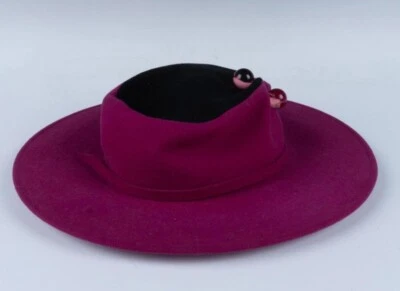 VTG 20th Century Frank Olive Hat Magenta & Black Wide Brim with Glass Bead Pin - Image 1 of 4