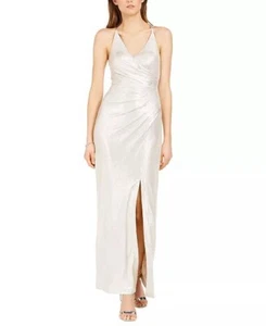 NWT Eliza J Metallic Gold V-Neck Side Pleated Holiday Party Maxi Dress Gown Sz14 - Picture 1 of 16