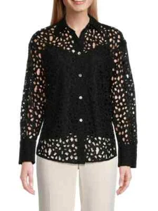 NUEVO CON ETIQUETAS VINCE Camisa Festoneada Algodón Encaje XS Negra 2 en 1 Top Camisola Abotonada - Imagen 1 de 13