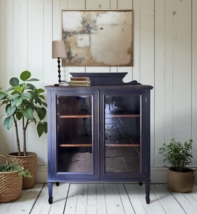 Antique Victorian Display China Bookcase Glazed Cabinet- Painted Oxford navy - Picture 1 of 24