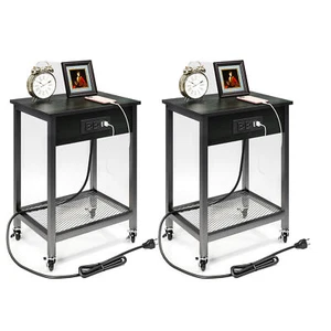 Mobile Side End Table on Wheels set of 2 Wood Nightstand Shelf w/Power Station - Picture 1 of 14