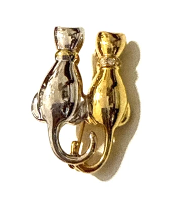 ANNE KLEIN Cats Brooch Silver Gold Tone with Rhinestone Accents AK Pin 1 1/2" - Image 1 of 4