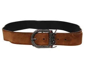 Saint Laurent YSL Logo Monogram Western Belt Sz 100 33 34 35 Brown Suede Silver - Picture 1 of 14