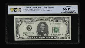 DBR 1963-A $5 FRN Chicago Gem Fr. 1968-G PCGS-B 66 PPQ Serial G17633790B - Picture 1 of 2