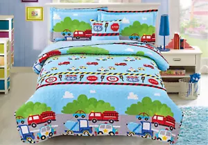 Trapunta blu camionista 4 pz doppia / taglia intera bambini ragazzi ragazze / finzioni / set cuscini - Foto 1 di 1