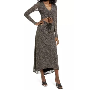 NUEVO CON ETIQUETAS AFRM Maxi Vestido Corte Rhys Leopardo Manga Larga Cuello en V Malla Transparente Forrado XL - Imagen 1 de 13