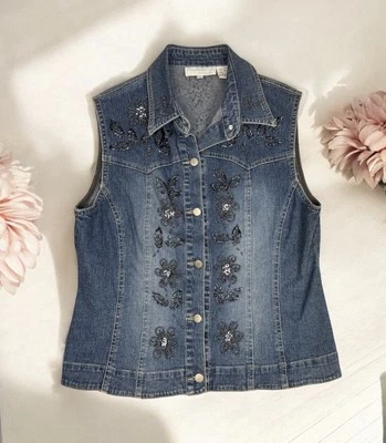 Denim Floral Beaded Jean Vest Bohemian Cowgirl Western Y2K Summer Layering Small - Image 1 of 4