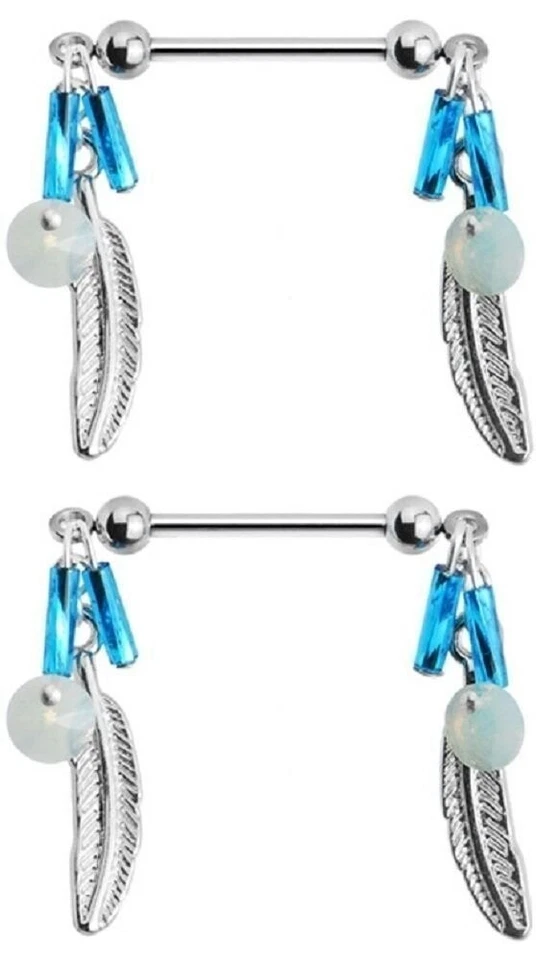 Anéis de proteção para mamilo aço cirúrgico 316L contas turquesa pena - Imagem 1 de 1