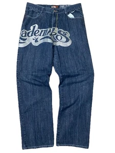 Pantalones de mezclilla holgados vintage Akademiks Y2K 38x32 para hombre Spellout Hip Hop ropa de calle grunge - Imagen 1 de 7
