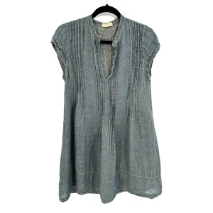 Vestido recto túnica 100 % lino plisado a rayas azules CP SHADES talla pequeña - Imagen 1 de 7