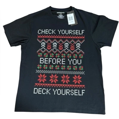 Camiseta masculina grande de Natal Chemistry Check Yourself Before You Deck Yourself - Imagem 1 de 4