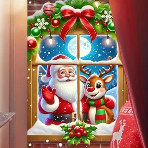 Merry Christmas Banner Backdrop Santa Claus and Reindeer Window Cover Decorat... - Foto 1 di 5
