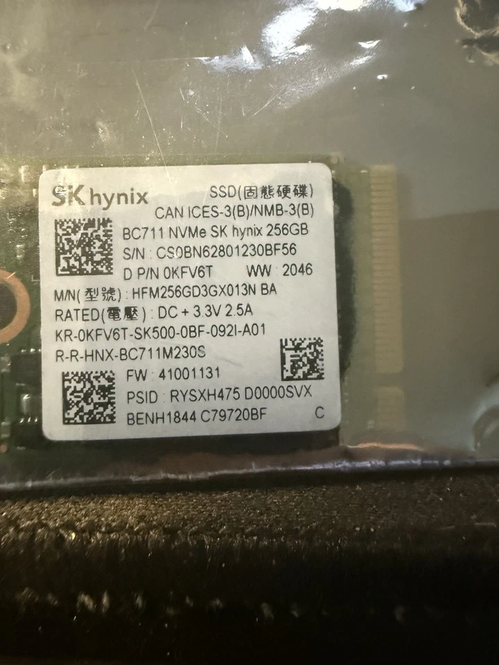 SK Hynix BC711 256GB NVMe SSD M.2 PCIe Gen3x4 HFM256GD3GX013N 0KFV6T - Image 1 of 1