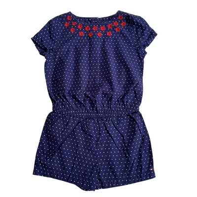 Tommy Hilfiger Girls Floral Embroidery Navy Blue & White Polka Dot Romper Sz 3T - Image 1 of 4