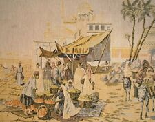 Vintage French Tapestry Mediterranean Africa Market Scene, Donkey, Camel, Port