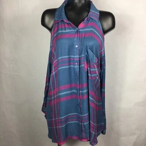 New Ashley Stewart Sz 16 Cut Out Shoulder Top Plaid Button Front L/S Shirt - Picture 1 of 8