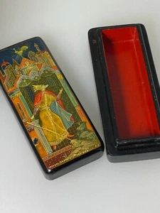 Fina caja de agujas de laca rusa vintage, Mstera, cuento de gallo dorado de 1990. - Imagen 1 de 5