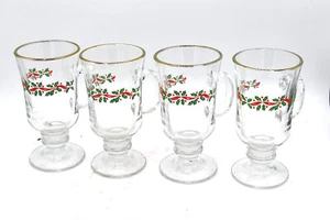 4 Vintage Libbey Holly Berry Irish Coffee Mugs Cocoa Gold Rim Christmas Holiday - Foto 1 di 1