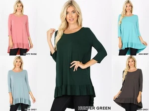 Zenana Women's Round Neck Short or 3/4 Sleeve High Low Ruffle Hem Rayon Top - Picture 1 of 16