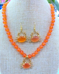 Yellow Gold Plated 8mm orange Opal Inlay Crab Pendant Necklace 18”+ Earrings - Picture 1 of 4