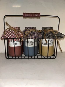 VTG Wooden Kitchen Decor- 3 wooden bottles for jam;preserves- wire container - Picture 1 of 9