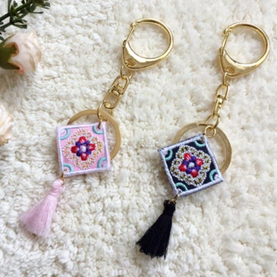 Korean Traditional Mini Square Embroidered keyring Pink/Black 12cm Handmade - Image 1 of 4