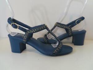 CHANEL Blue Leather/Gold Chain Detail Block Heel Sandals EUR 40