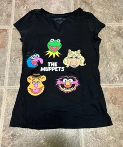 Muppets t-shirt small black V-neck 100% cotton short sleeve womens Kermit Piggy - Picture 1 of 5