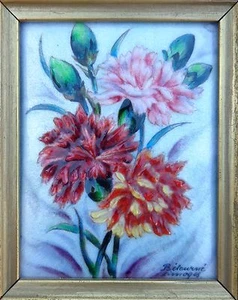 Spectacular French Original Signed Circa 1900 Enamel Carnation Flowers Painting! - Picture 1 of 3