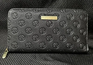 Adrienne Vittadini Womens Black Faux Leather Long Zip Around Wallet Gold Hdwr - Picture 1 of 9