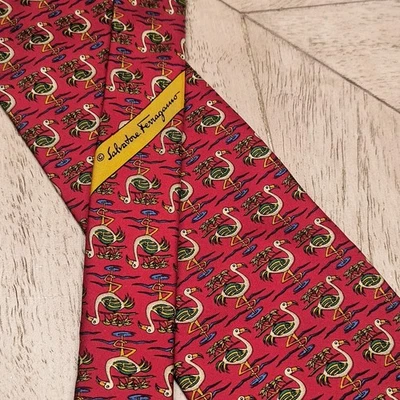 Salvatore Ferragamo Necktie Whimsical Flamingos On Red Silk Made In Italy - Image 1 of 4