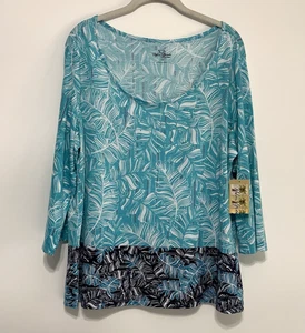 Palm Grove Damen blau bunt tropische Blätter verziert 3/4 Ärmel Top Größe 1X - Bild 1 von 10