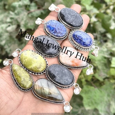 Lote de 5 pingentes folheados a prata esterlina 925 com pingentes de pedra preciosa serpentina e mistura - Imagem 1 de 4