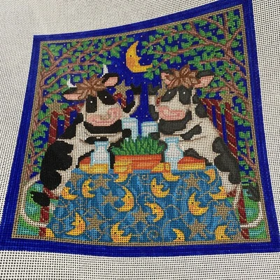 handpainted needlepoint canvas Cows Moon Trees Milk 10.5” 13m Rare Art Dreams - Image 1 of 2