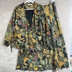 Cato Blouse Skirt Set Womens 14/16W 36x36 Black Green Gold Floral Ruffle Boho - Picture 1 of 24